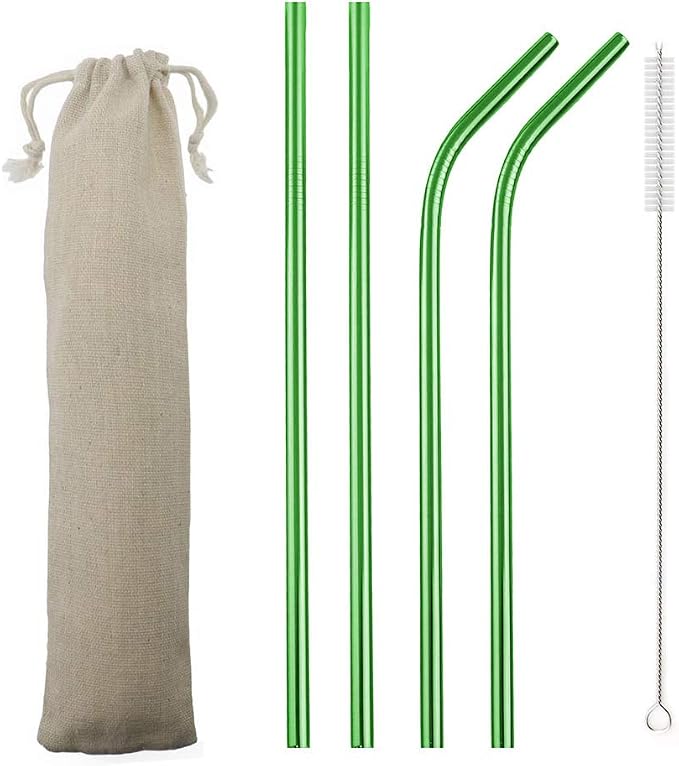 JASHII Reusable Portable Metal Straws Stainless Steel Eco-friendly Drinking Straw with Travel Cloth Bag (2 Bent 2 Straight 1 Brush),Green