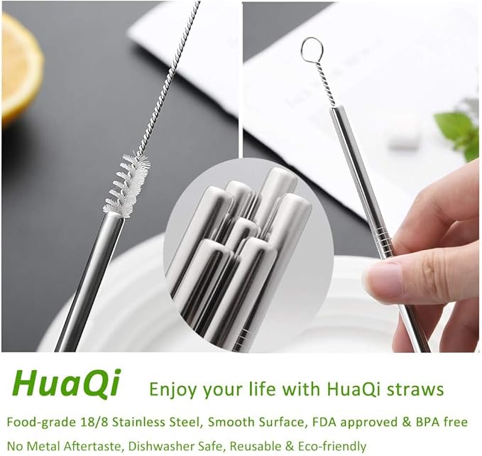 Set of 10 Stainless Steel Straws, HuaQi Straight Reusable Drinking Straws 10.5'' Long 0.24‘’ Dia for 30 oz Tumbler and 20 oz Tumbler, 2 Cleaning Brush Included (10 Straight Straw + 2 Brushes）