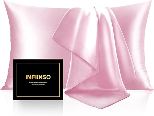 INFIIXSO Mulberry Silk Pillowcase for Hair and Skin, Silk Pillow Case Standard Size with Hidden Zipper 20x26 Inches, Extraordinary Smooth and Soft Cooling Pillow Case for Hot Sleepers(Pink, 1 Pack)