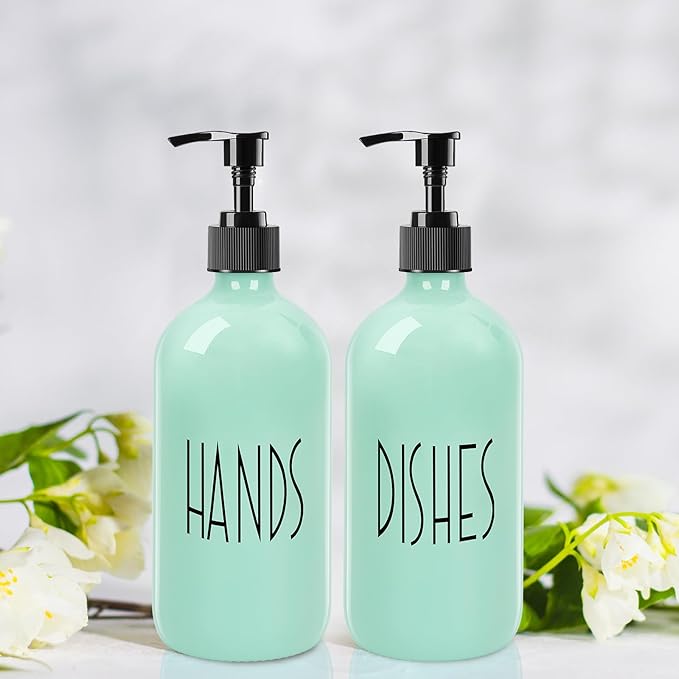 Dish Soap Dispenser for Kitchen - 16 OZ Glass Hand Soap Dispenser Set - Kitchen Bathroom Decor and Accessories (Turquoise Green)