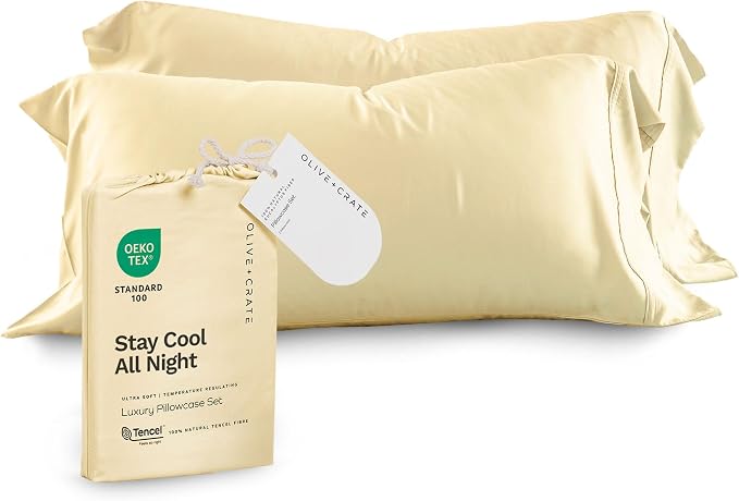Olive + Crate Tencel Eucalyptus Pillowcases, 100% Tencel Lyocell Cooling Pillow Cases for Hot Sleepers, Hypoallergenic, Moisture-Wicking, Silk Alternative, Vegan, Standard Size Set of 2 [Butter Cream]