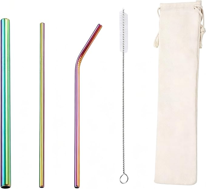 Food Grade 304 Stainless Steel Straw Set, Titanium Plated Colorful Reusable Metal Straws with Cleaning Brush for Coffee, Tea & Beverages (rainbow colors)