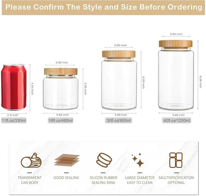 3 Pack 480 ml / 16 oz clear cute glass storage canister holder with airtight bamboo lid, modern decorative small container jar for coffee, spice, candy, salt, cookie, condiment, pepper, sugar
