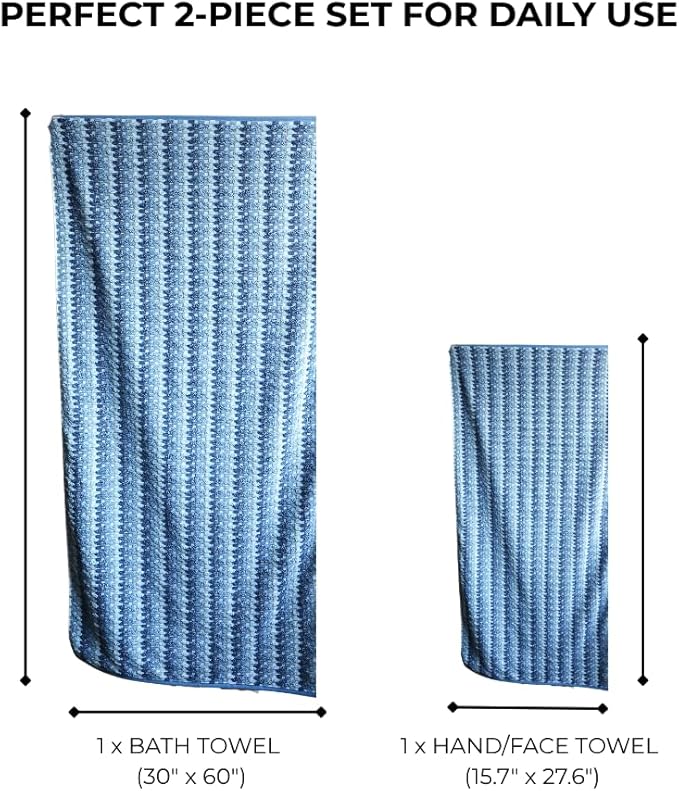 Premium Luxury Waffle Weave Cotton Towel Set - 160g Hand Towel & 650g Oversized Bath Towel (30"x60") - Ultra Absorbent, Quick-Dry, Soft Textured Jacquard (Sea Salt Blue)