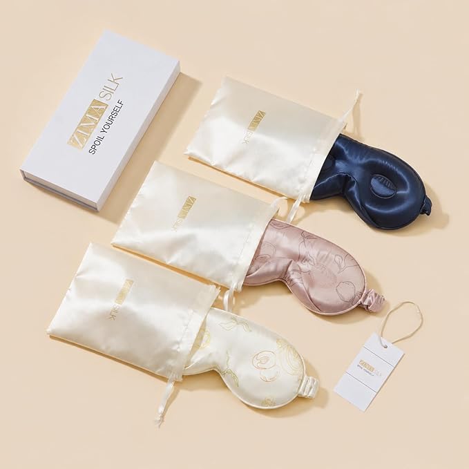 ZIMASILK Adjustable 22 Momme 100% Mulberry Silk Sleep Mask, Upgraded 3D Contoured Cup Eye Mask for Sleeping, Super Soft & Breathable Blindfold, Blackout for Deep Sleeping (Ivory - Fruit Line Art)