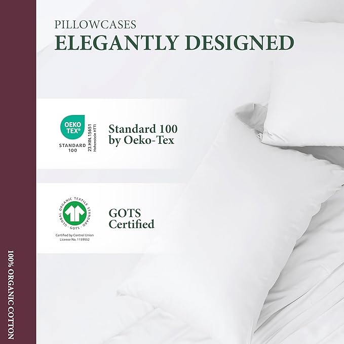 100% Organic Cotton Percale Pillow Cases Standard/Queen Size Set of 2 - Percale Pillowcases Standard/Queen (White), Soft Cooling Pillow Cases for Sleeping, Cotton Pillowcovers
