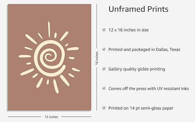 Y2K BOO Abstract Spiral Sun UNFRAMED Wall Art Swirl Sunburst Print Earth Tones Terracotta Tan Mid Century Modern 12x16 Inch Heavyweight Paper Studio Decor