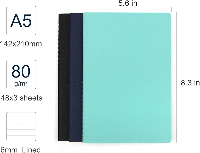 Notebook 3 Pack - 5 “x8”- Made of sustainable and excellent quality paper, simple, natural, portable and flexible design, suitable for office, school (black&dark blue&lime green