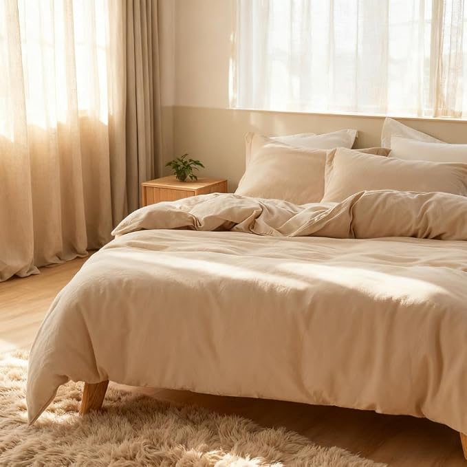 Simple&Opulence French Linen Duvet Cover Set 104"x 98"- 3 Pieces (1 Comforter Cover,2 Pillowcases)-Natural Flax Cotton Blend-Solid Color Breathable Farmhouse Bedding-Linen/Beige,California King
