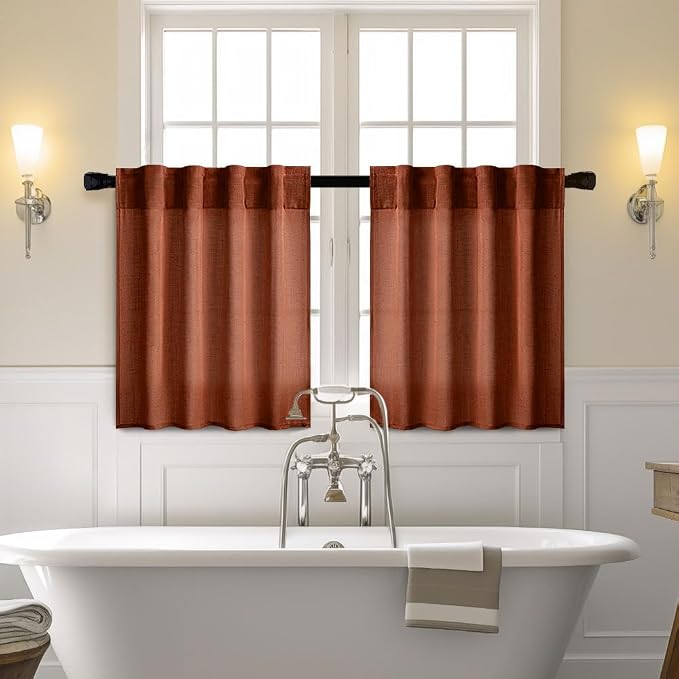 MIULEE Burnt Orange Kitchen Curtains 30 Inch Length 2 Panels, Soft Thick Linen Textured Semi Sheer Light Filtering Short Cafe Tier Curtains for Small Half Window Back Tab Rod Pocket Fall Boho Decor