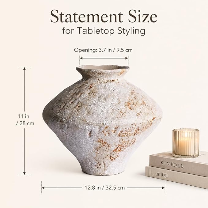 Large Wabi Sabi White Vintage Ceramic Vase, 11" Rustic Pottery Vase for Centerpieces, Textured Decorative Flower Vases for Table, Living Room, Bedroom, Bathroom, Kitchen, Farmhouse Home Decor Gifts