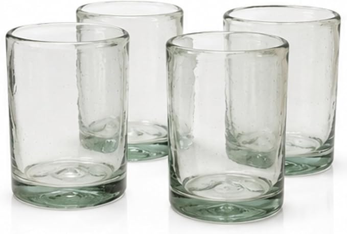 Aztecas Design Handblown Recycled Glass Drinking Glasses, Clear, Set of 4, Classic Style (12oz)
