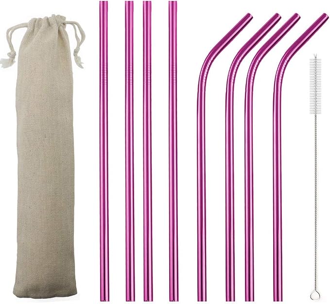 JASHII 2 Set Reusable Portable Metal Straws Stainless Steel Eco-friendly Drinking Straw with Travel Cloth Bag (4 Bent 4 Straight 2 Brush),Pink