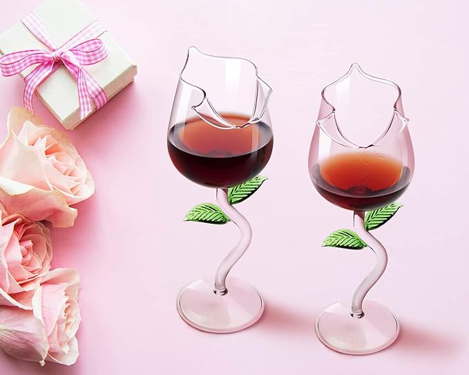 Rose Flower Wine Glasses, Creative Red Wine Glass Set of 2 Rose Flower Goblet Wine Cocktail Juice Glass for Party Dinner Wedding Festival Kitchen Bar (260ml, 2Pcs)