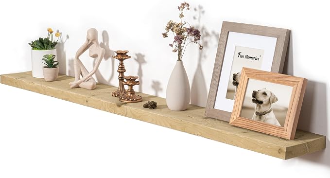 Fun Memories 55 Inch Reclaimed Wood Floating Shelves for Wall, 8 Inch Deep Extra Long Rustic Farmhouse Shelf with Invisible Brackets for TV Wall, Fireplace Mantel & Living Room, Natural