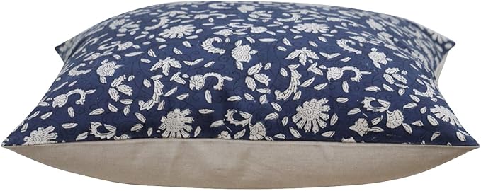 Hand-Block Printed, Artisan-Made Neutral Accent Throw Pillow Covers- 100% Cotton Cushion for Sofa, Bed, Chair, Home Decor, Boho, Indoor - Lina (Deep Blue, 20" x 20" (Pack of 2))