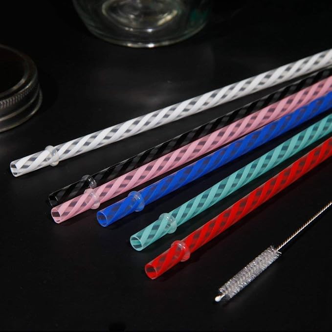 Dakoufish 12 Piece 9 Inch Reusable Plastic Thick Drinking Straws BPA Free Mason Jar Straws transparent small Stripe 6 Colors (9inch Black)