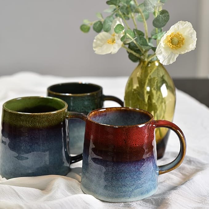 Large Ceramic Coffee Mug, Pottery Mug,Tea Cup for Office and Home,Handmade Pottery Coffee Mugs,16.5 Oz,Dishwasher and Microwave Safe,kiln altered glaze craft (Dark Green)