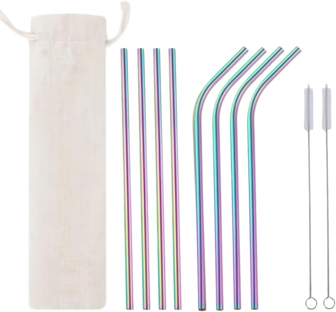 Heavy Duty 304 Stainless Steel Reusable Straw Set, 8 Pack Multi-Color Smoothie Straws with Travel Pouch & Cleaner, Dishwasher Safe Eco- (Rainbow-colored beige bag,8pc)