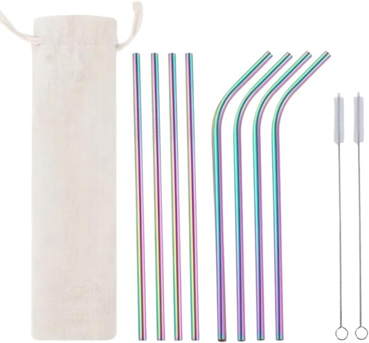 Heavy Duty 304 Stainless Steel Reusable Straw Set, 8 Pack Multi-Color Smoothie Straws with Travel Pouch & Cleaner, Dishwasher Safe Eco- (Rainbow-colored beige bag,8pc)