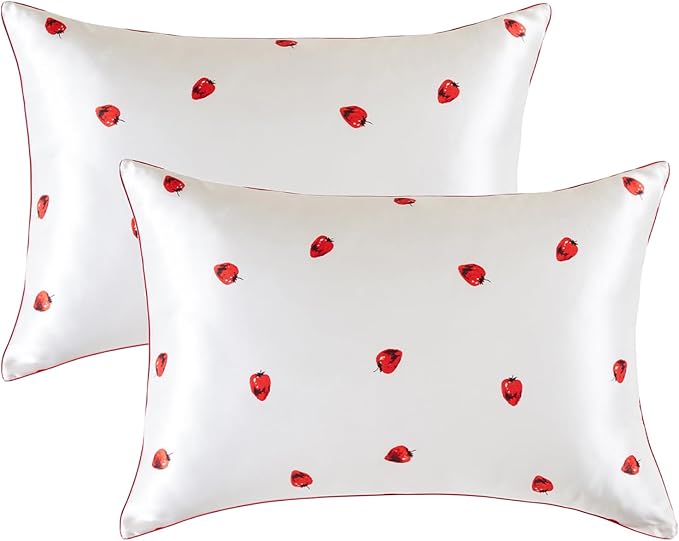 THXSILK Set of 2 Natural Mulberry Silk Pillowcase for Hair and Skin with Hidden Zipper, Grade 6A+ Silk Pillow Case, Organic Silk Pillowcase Standard Size 20x26 inches, White Strawberry
