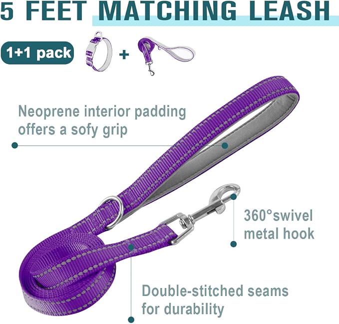 Dog Collar for Medium Small Large Dogs Reflective with Leash,Collar and Leash for Dogs,Soft Neoprene Padded 2 Pack(Purple,M)