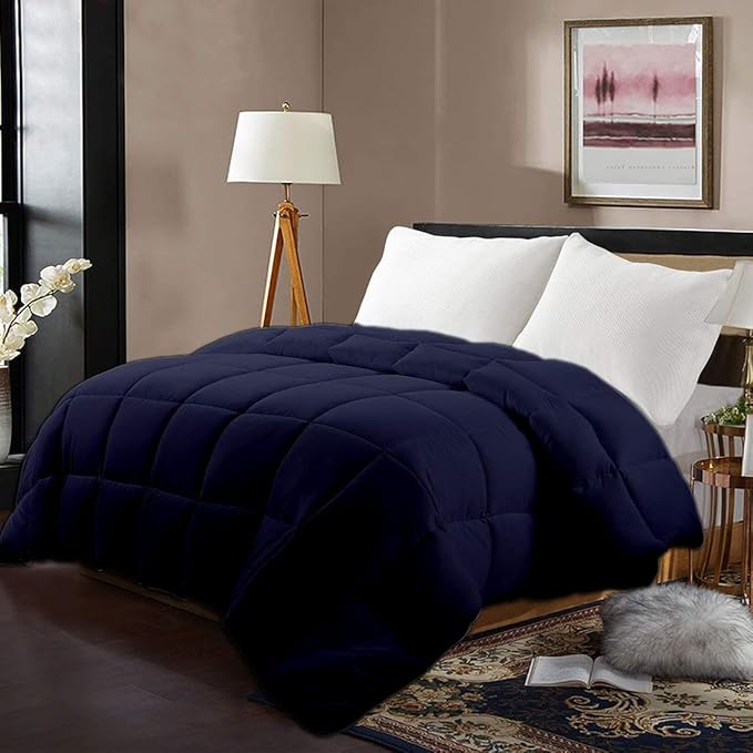 All Season Hypoallergenic Luxurious Down Alternative Cotton Comforter, Ultra-Soft 750 Fill-Power Queen Size Measures 88" x 92", Navy Blue