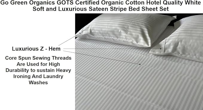 Organic Cotton Comfortable and Soft Sateen Stripe Bed Sheet Set - Luxury Hotel Quality - GOTS Certified - White - Deep Pocket - Easy Care - Queen