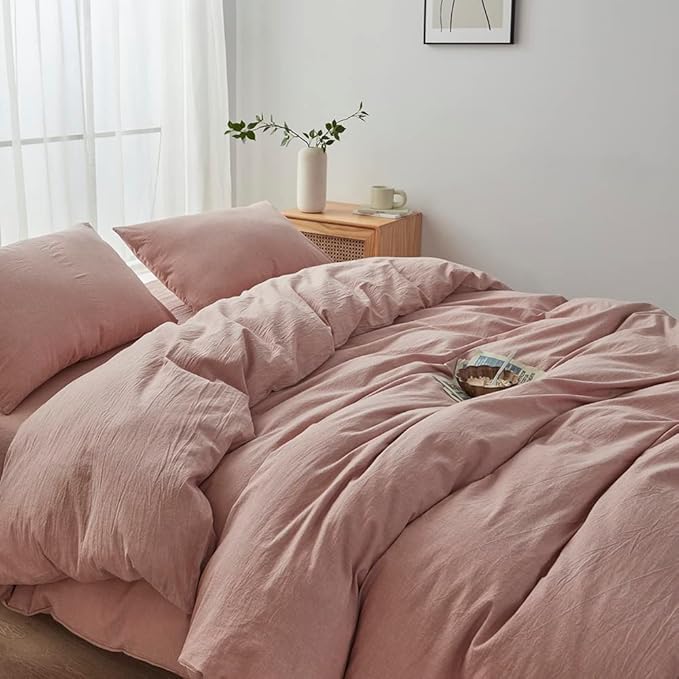 FACE TWO FACE Bedding Duvet Cover Set100% Washed Cotton Duvet Cover Linen Like Textured Breathable Durable Soft Comfy (California King, Old Pink)
