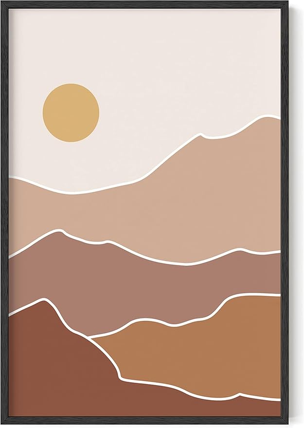 Abstract Mountain Landscape Wall Art Sun Rolling Hills Earth Tones Terracotta Mid Century Modern 24x36 Inch Oak Wood Black Framed Minimalist Scenery Print for Nursery Decor