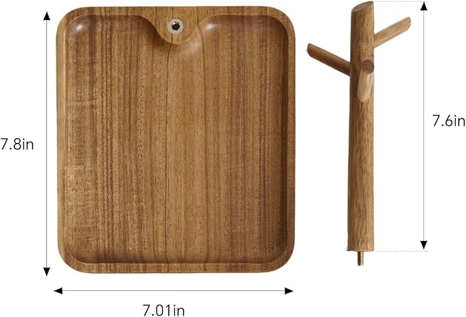 Solid Acacia Wood Key Tray and Bowl for Entryway Table - Jewelry Tray With 3 Hooks, Open Storage for Wallet, Glasses, Watches, Lipstick (Acacia, Square)