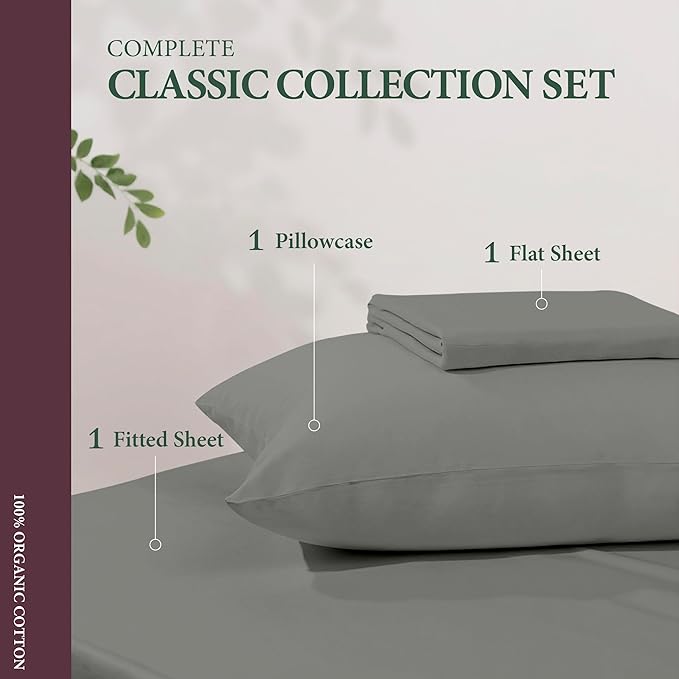 100% Organic Cotton Sheets Twin Size - Organic Cotton Twin Size Percale Weave Sheet Set (3 PC, Dark Grey), Soft, Cooling, Crisp & Breathable, 16" Deep Pocket Hotel Quality Bedding Set