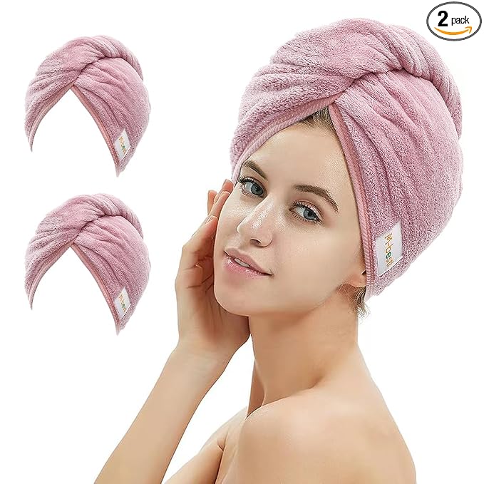 M-bestl 2 Pack Microfiber Hair Towel Wrap,Hair Drying Towel with Button Design,Head Towel to Dry Curly Hair Quickly (Bean Pink)
