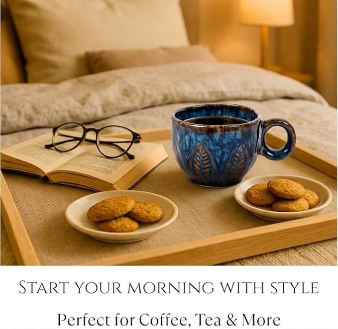 Ceramic Espresso Cup 5 oz, Stoneware Demitasse Coffee Mug with Handle, Artisan Reactive Glaze Texture, Small Latte Cappuccino Tea Cup, Microwave & Dishwasher Safe, Midnight Blue, Pack of 2