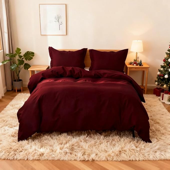 Simple&Opulence French Linen Duvet Cover Set 68" x 86"- 2 Pieces (1 Comforter Cover,1 Pillowcase)- Natural Flax Cotton Blend-Solid Color Breathable Farmhouse Bedding-Burgundy, Twin