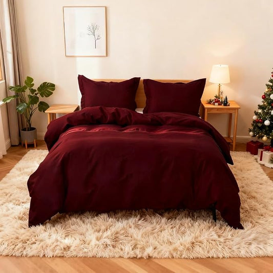 Simple&Opulence French Linen Duvet Cover Set 104"x 92"- 3 Pieces (1 Comforter Cover,2 Pillowcases)-Natural Flax Cotton Blend-Solid Color Breathable Farmhouse Bedding-Burgundy, King