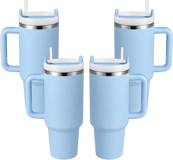 Pandance 4 Pack 40 oz Tumbler with Handle and Straw Bulk, Blue | Stainless Steel Vacuum Insulated Travel Mug, Sturdy Screw-on lid, Cup Holder Friendly, Large Capacity Cup For Iced Coffee