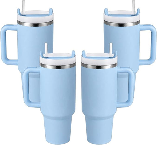 Pandance 4 Pack 40 oz Tumbler with Handle and Straw Bulk, Blue | Stainless Steel Vacuum Insulated Travel Mug, Sturdy Screw-on lid, Cup Holder Friendly, Large Capacity Cup For Iced Coffee