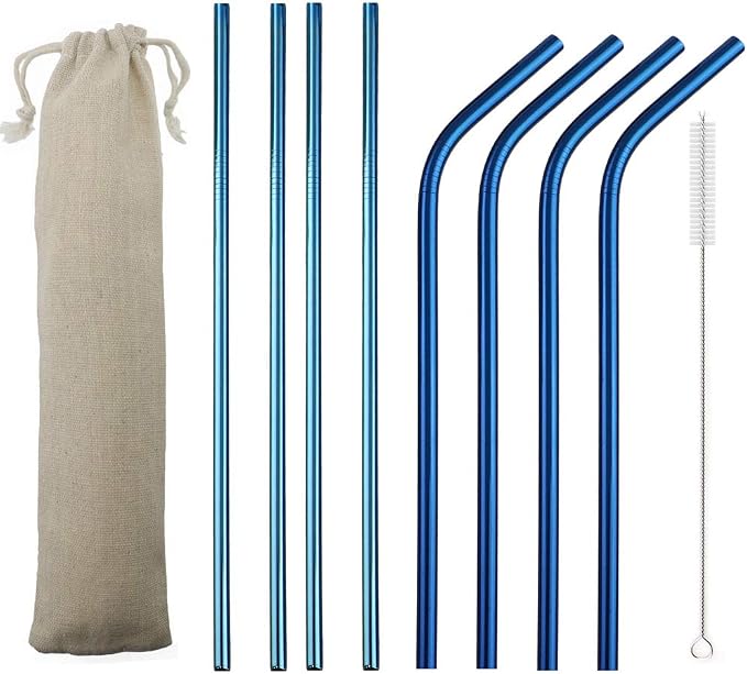JASHII 2 Set Reusable Portable Metal Straws Stainless Steel Eco-friendly Drinking Straw with Travel Cloth Bag (4 Bent 4 Straight 2 Brush),Blue
