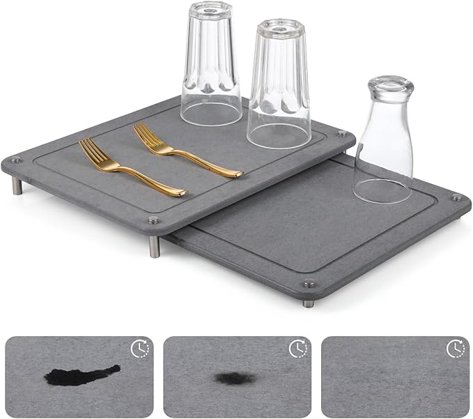 2 Pcs Stone Dish Drying Mats, Nesting Quick Drying Diatomaceous Earth Mats, Self-Absorbent Dish Mats with Non-Slip Feet & Sanding Tools, Stone Dish Racks for Kitchen Counter