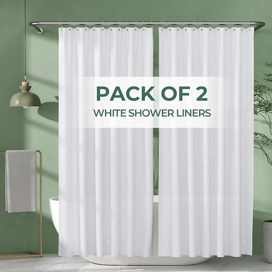 AmazerBath Shower Curtain Liner 2 Pack, 72 x 65 Inches PEVA Plastic Shower Liner with Heavy Duty Stones and 12 Rustproof Metal Grommet, Lightweight Waterproof Shower Curtain - White