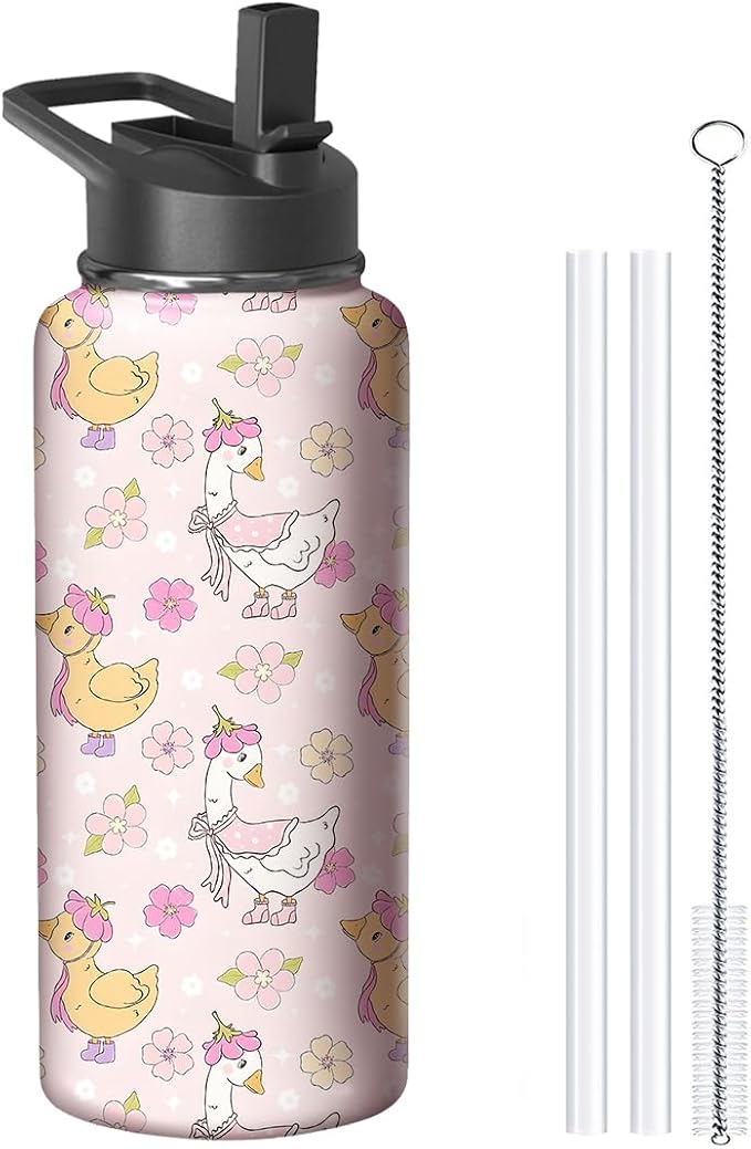 18oz Pink Duck Water Bottle with Handle and Flip Straw, Animal Sports Stainless Steel Insulated Cup Travel Coffee Mug Tumbler, Birthday Mothers Day Chritmas Gifts for Women