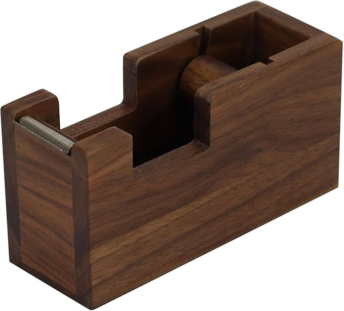 Buqoo Walnut Wood Tape Dispenser with Built-in Pen Holder – All-in-One Desk Organizer for Office/Home School