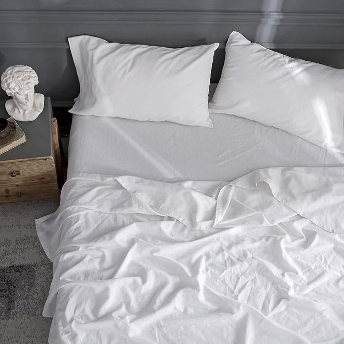 Simple&Opulence Linen Pillowcases 1 Pair Basic Style 55% Euro Linen 45% Cotton Blend Solid Color Flax Shams Set of 2, King Size 20"x40", White