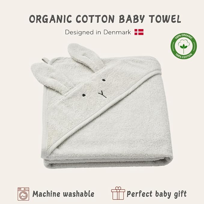 Hooded Baby Towel – 100% Organic Cotton Baby Bath Towels – Baby Boy and Girl Newborn Essentials - Super-Soft and Absorbent. (Rabbit - Pearl Grey)