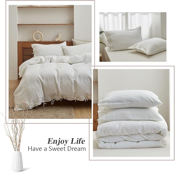 Simple&Opulence 100% Linen Duvet Cover Set 3pcs with Bowknot Ties Closure Natural French Washed Flax Solid Color Soft Breathable Farmhouse Bedding - White, Queen Size