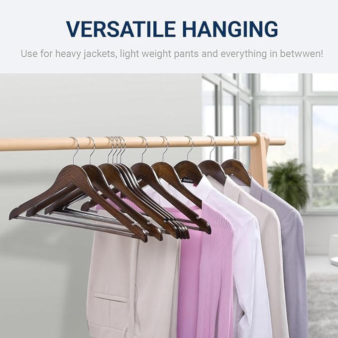 Amber Home 30 Pack Walnut Wooden Coat Hangers, Vintage Wood Suit Hangers with Non-Slip Pant Bar, Clothes Hangers for Closet Organization, Shirts, Jackets, Dresses, and Pants (Retro, 30)