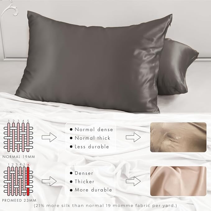 PROMEED 23 Momme Grade 6A+ Mulberry Silk Pillowcase 2 Pack, 100% Natural Silk Pillow Cases Set of 2, Premium Silk Pillow Case Cover for Hair and Skin (Queen 20"x30", Grey)