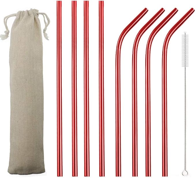 JASHII 2 Set Reusable Portable Metal Straws Stainless Steel Eco-friendly Drinking Straw with Travel Cloth Bag (4 Bent 4 Straight 2 Brush),Red