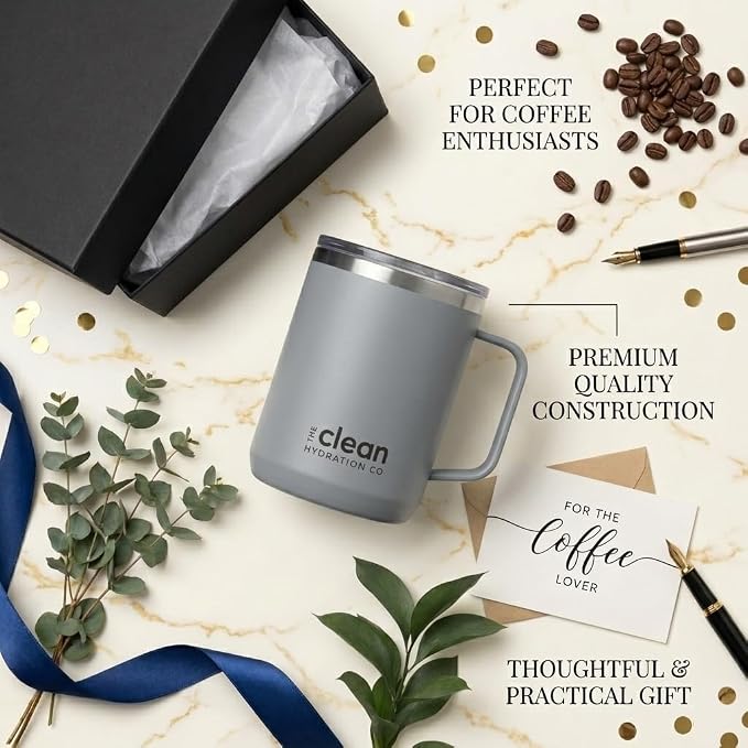 Coffee Mug Travel Mug Insulated 12 Oz | Ceramic Lined Travel Cup with Lid | Reusable Office Mug Double Wall Vacuum Eco-Friendly BPA-Free (Aqua) (Gray)